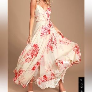 Lulus Elegantly Inclined Cream and Coral Floral Print Wrap Maxi Dress